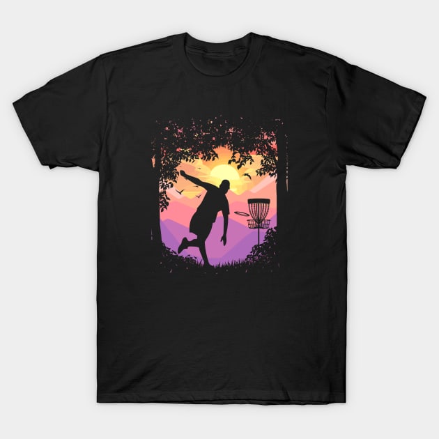 Disc Golf Pixel Sunset Tree Framed Disc Golfer Art T-Shirt by TeeCreations